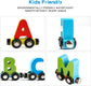 Magnetic wooden alphabet train set for toddlers with engine and letter cars, compatible with major brand train tracks by BYMRR Train Store.
