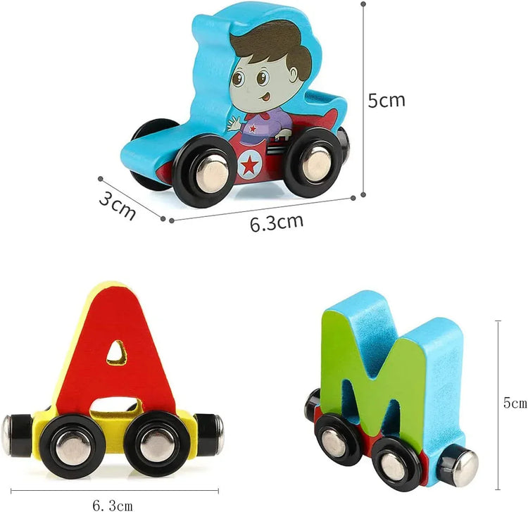 Magnetic wooden alphabet train set for toddlers with engine and letter cars, compatible with major brand tracks, by BYMRR Train Store.