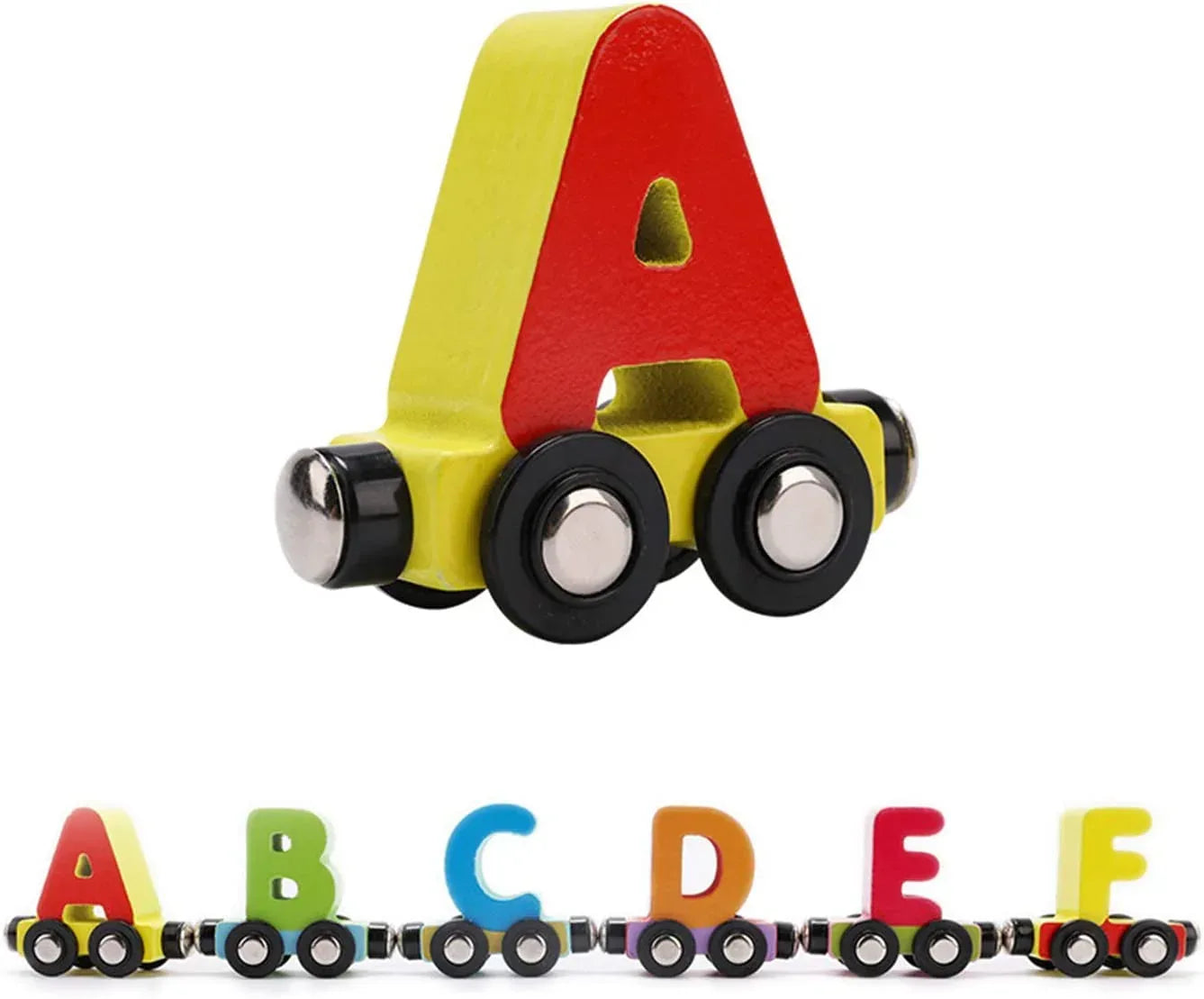 Magnetic wooden alphabet train set for toddlers with engine and letter cars, compatible with major brand train tracks.