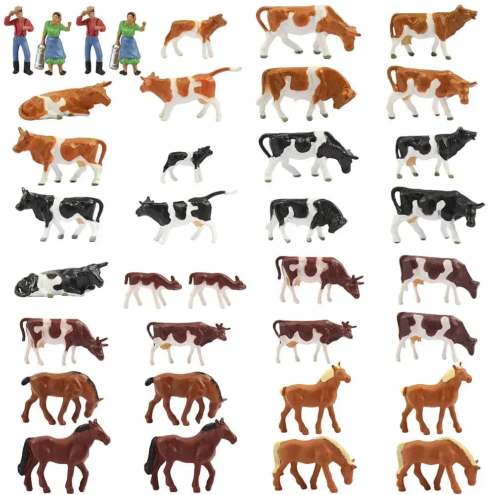 HO scale model train farm set with horses, cows, figures, and farm accessories in detailed miniature for train layouts.