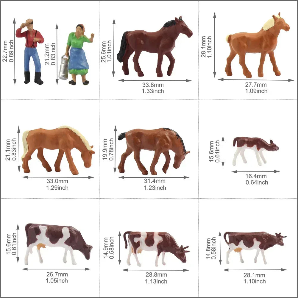 HO scale 1:87 model train farm set with horses, cows, figures, and farm buildings, featuring detailed miniature farm scene.