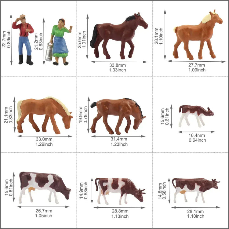 HO scale 1:87 model train farm set with horses, cows, figures, and farm buildings, featuring detailed miniature farm scene.