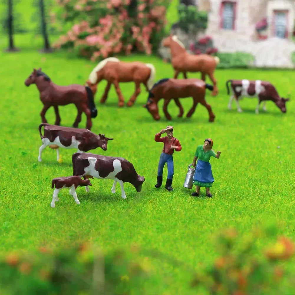 HO scale model train farm set with horses, cows, and figures in detailed 1:87 size by Evemodel for model train layouts.