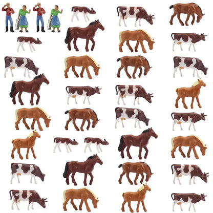 HO scale 1:87 model train farm set with horses, cows, figures, and farm accessories by Evemodel.