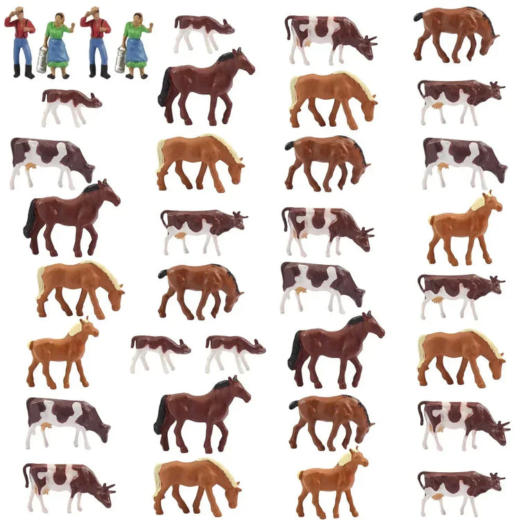 HO scale 1:87 model train farm set with horses, cows, figures, and farm accessories by Evemodel.