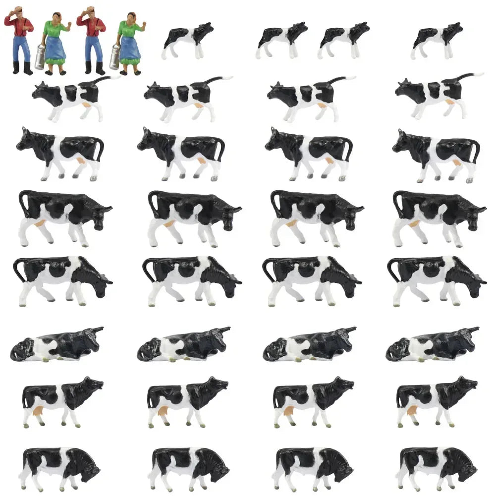 HO scale 1:87 model train farm set with horses, cows, figures, and farm accessories in detailed miniature scene.