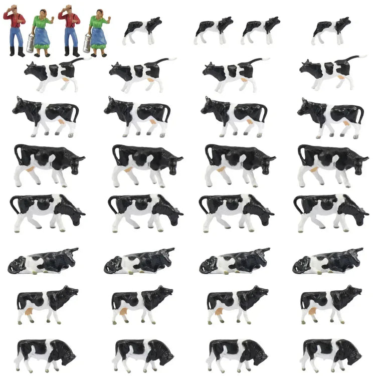 HO scale 1:87 model train farm set with horses, cows, figures, and farm accessories in detailed miniature scene.