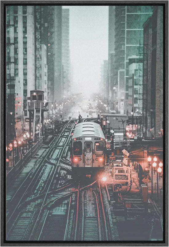 Framed canvas wall art of urban train cityscape in vibrant colors, 16x24 inches with black frame, for living room or office decor.