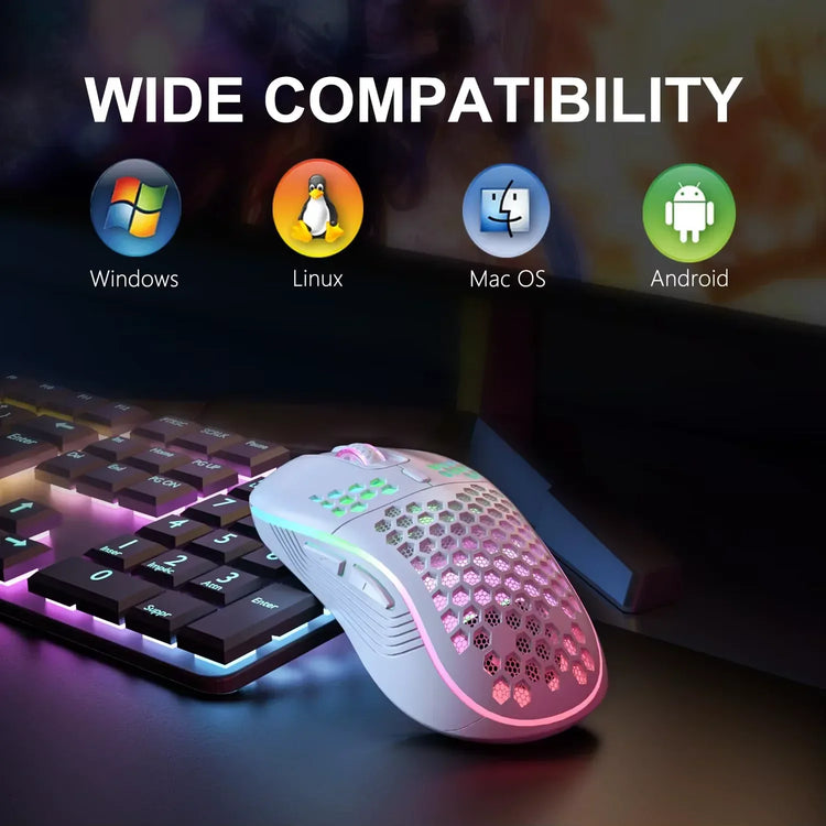 BYMRR Train Store ergonomic honeycomb wireless gaming mouse with RGB lighting, 6 programmable buttons, adjustable DPI, and Type-C charging