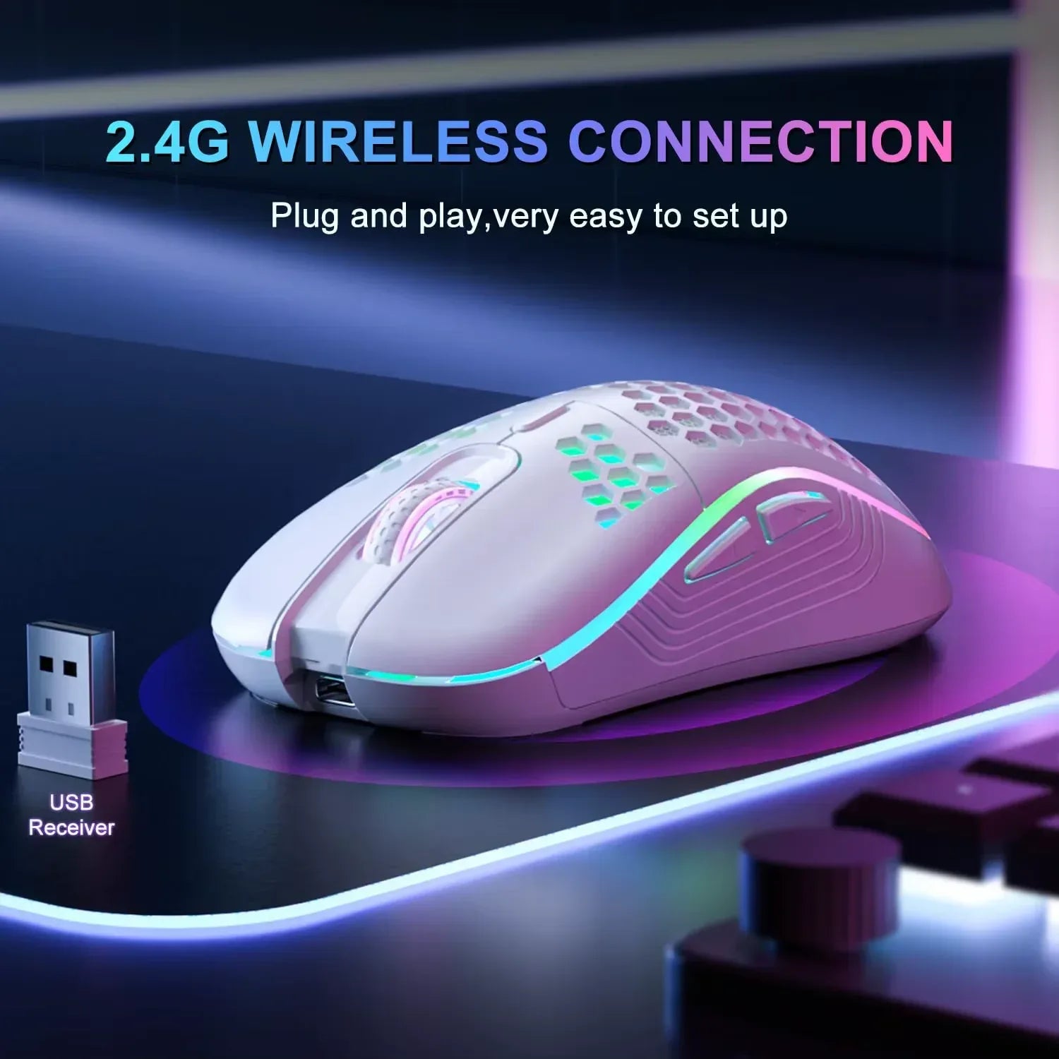 BYMRR Train Store ergonomic honeycomb wireless gaming mouse with RGB lighting, 6 programmable buttons, adjustable DPI, and Type-C recharge