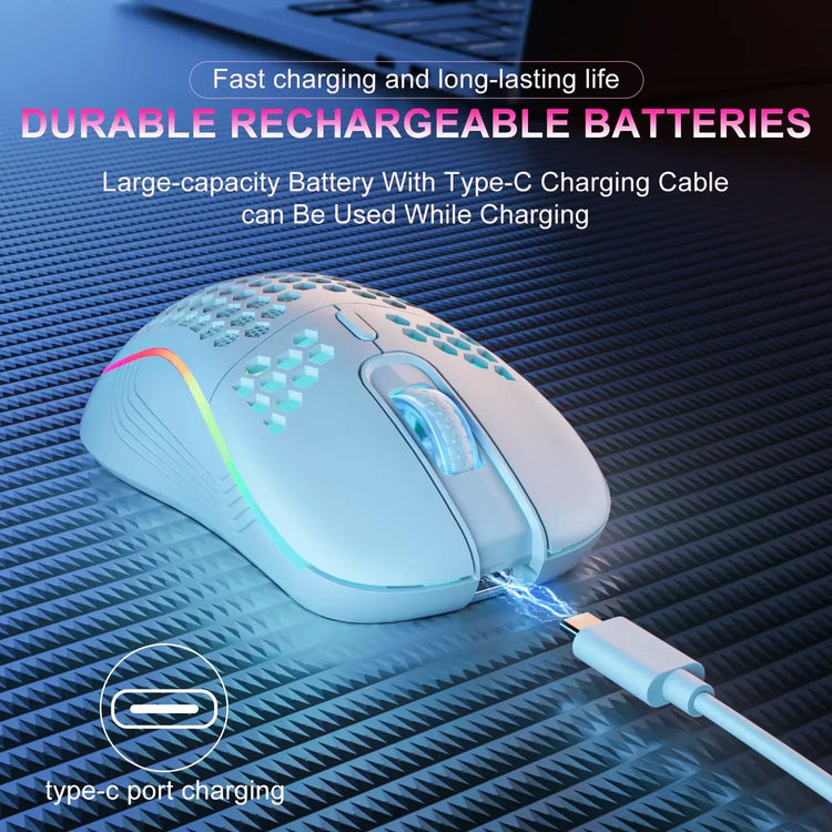 Premium BYMRR Train Store ergonomic honeycomb wireless gaming mouse with RGB lighting, 6 programmable buttons, and adjustable DPI