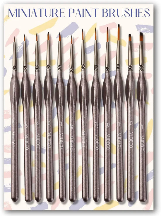 Set of 12 brown miniature paint brushes for oil and acrylic painting, ideal for detailed artwork and fine brushwork.