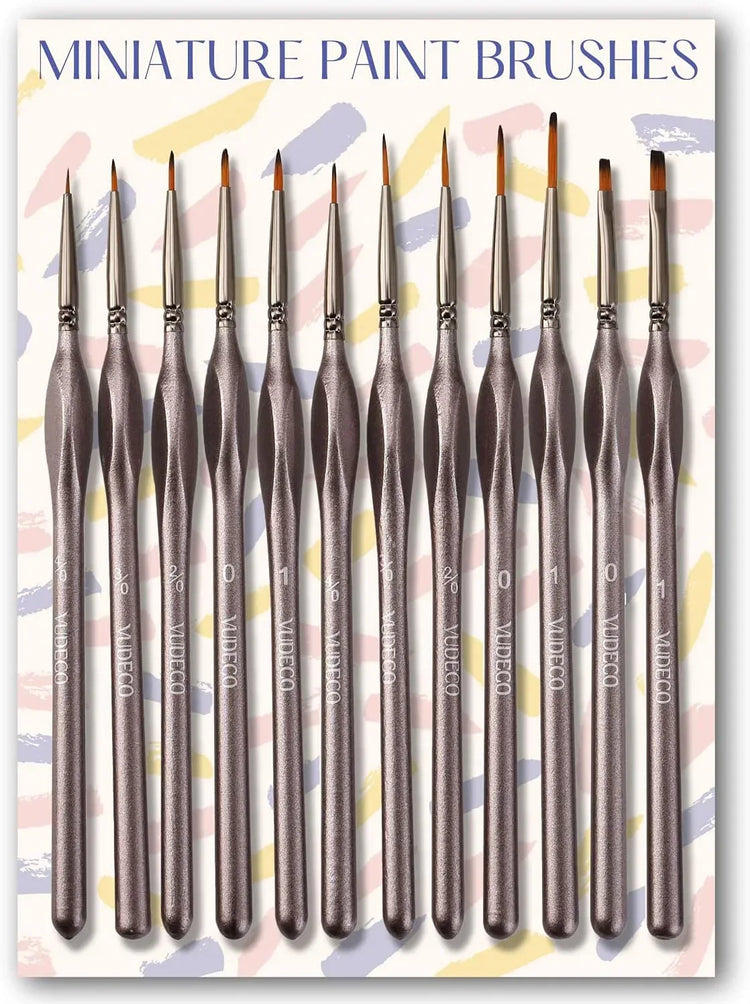 Set of 12 brown miniature paint brushes for oil and acrylic painting, ideal for detailed artwork and fine brushwork.