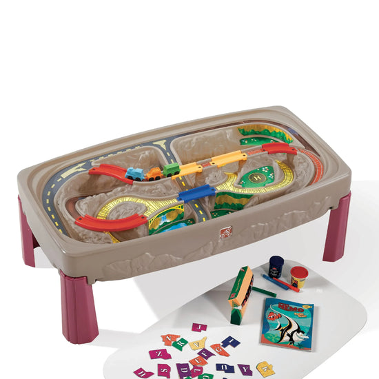 Brown deluxe Canyon Road train table and chair set for outdoor children’s activities, designed in a neutral style by BYMRR Train Store.