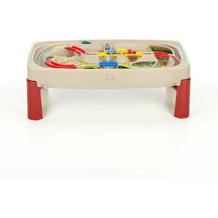 Deluxe Canyon Road Train Table and Chair Set for children, by BYMRR Train Store, outdoor neutral-colored wooden activity set