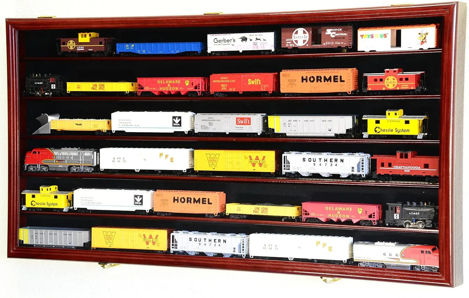 Cherry finish HO scale model train display cabinet with lock and 98% UV protection, designed for train enthusiasts.