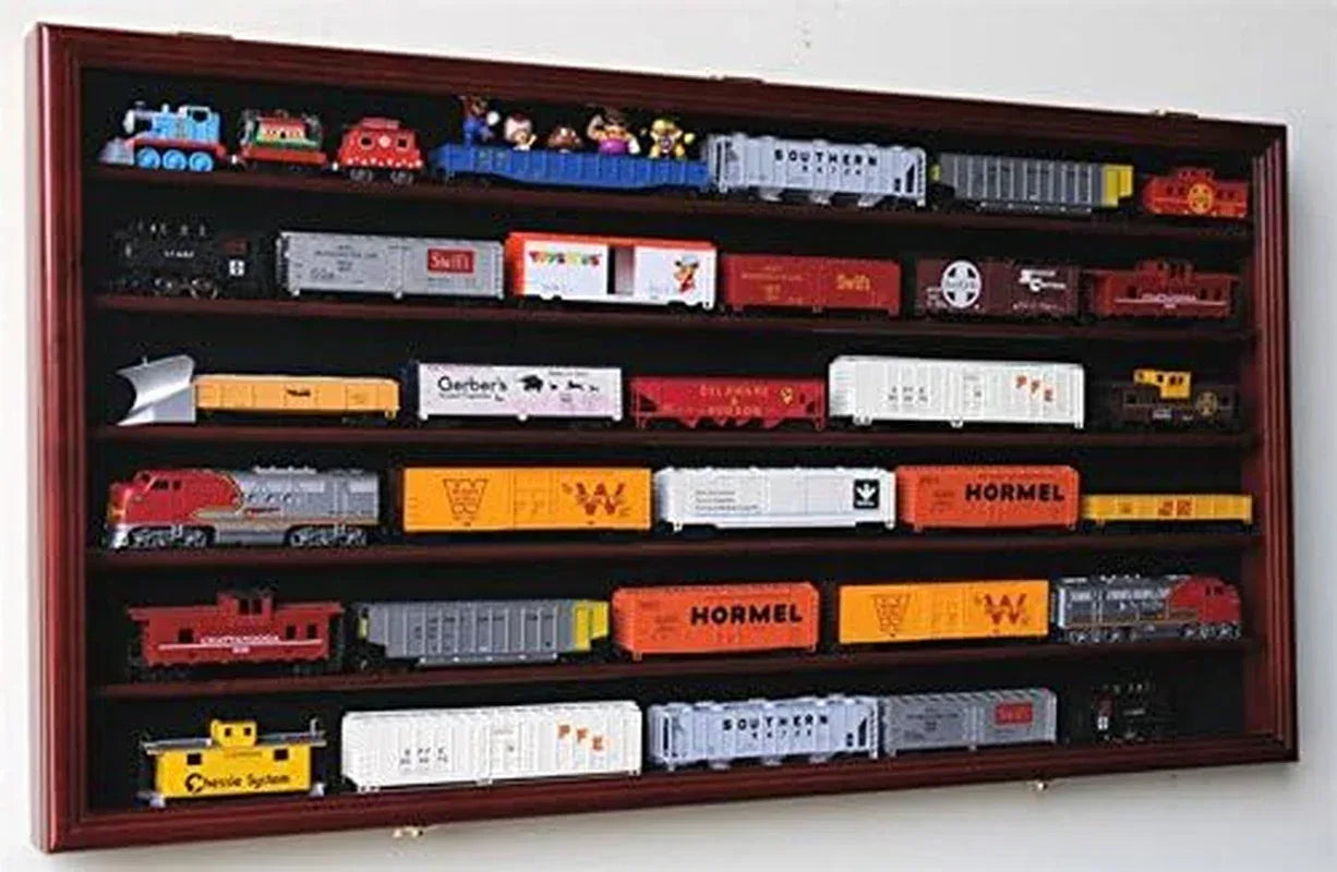 Cherry finish HO scale model train display cabinet by BYMRR Train Store, lockable with 98% UV protection for showcasing trains.