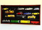 O Scale train display cabinet in cherry finish with UV protection and lockable feature, ideal for showcasing model trains.