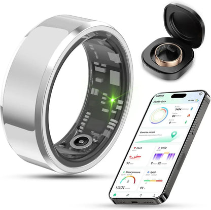 Silver BYMRR Train 2025 Smart Health Tracker Ring displaying fitness metrics and charging case, waterproof and elegant design.