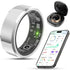 Silver BYMRR Train 2025 Smart Health Tracker Ring displaying fitness metrics and charging case, waterproof and elegant design.