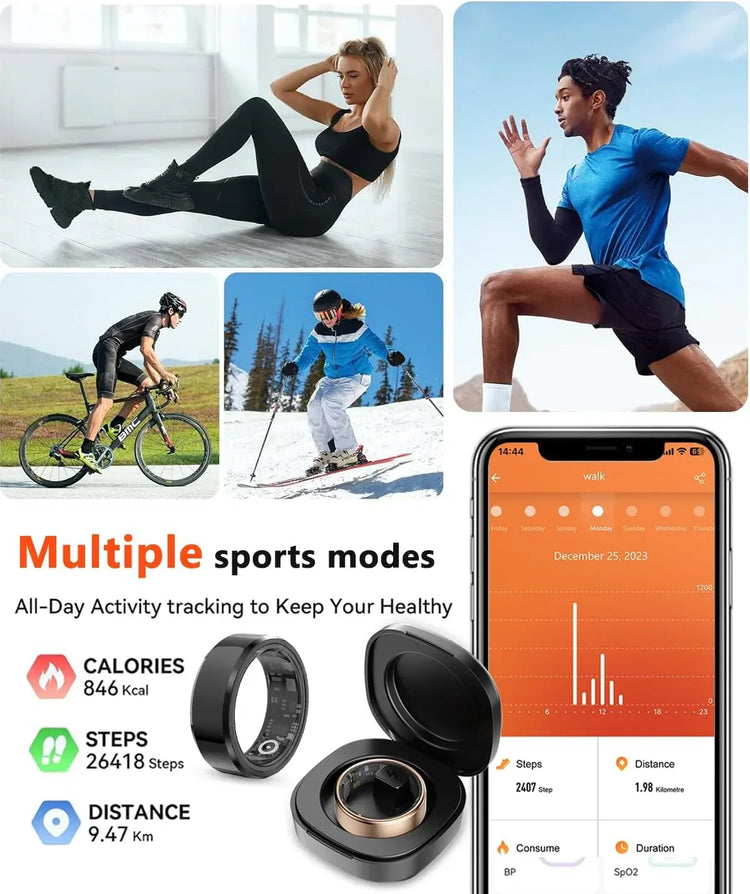 BYMRR Train Store 2025 smart health tracker ring in elegant silver, waterproof fitness monitor with health metrics and charging case.