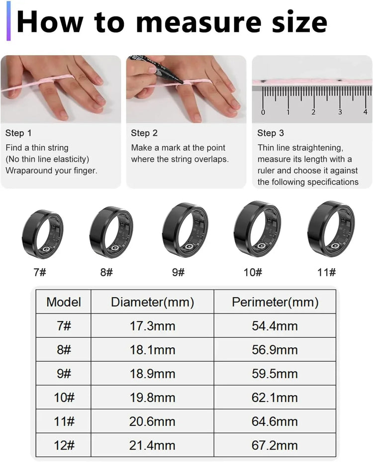 BYMRR Train Store 2025 Smart Health Tracker Ring in silver, waterproof fitness monitor with health metrics and charging case.