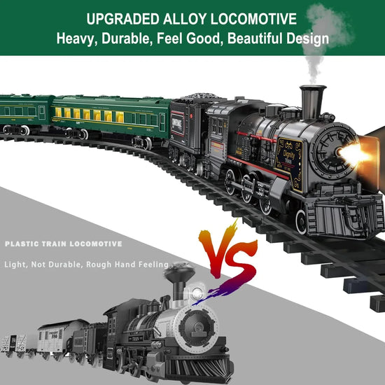 Electric train set for children by BYMRR Train Store, metal alloy Christmas steam locomotive toy with colorful details.