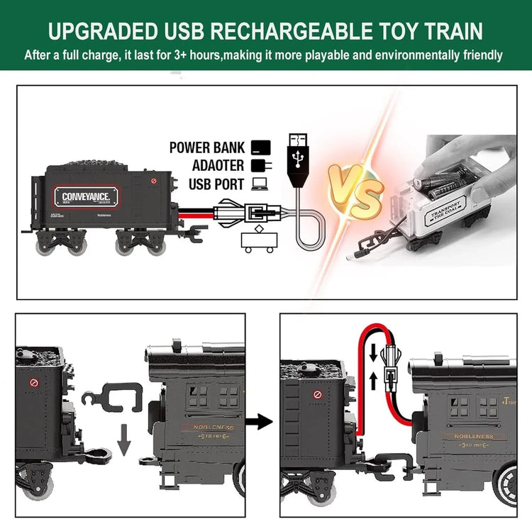 Electric train set for children featuring a metal alloy Christmas steam locomotive toy with colorful train cars.