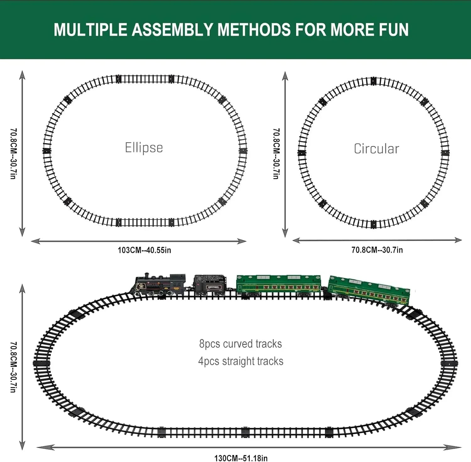 Electric train set for children by BYMRR Train Store featuring a metal alloy Christmas steam locomotive toy with colorful train cars.