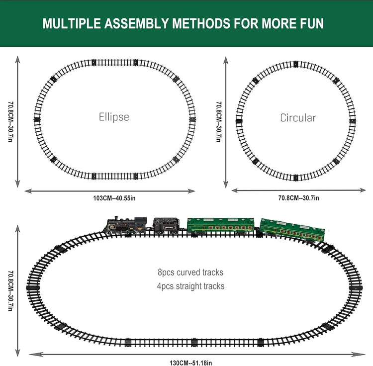 Electric train set for children by BYMRR Train Store featuring a metal alloy Christmas steam locomotive toy with colorful train cars.