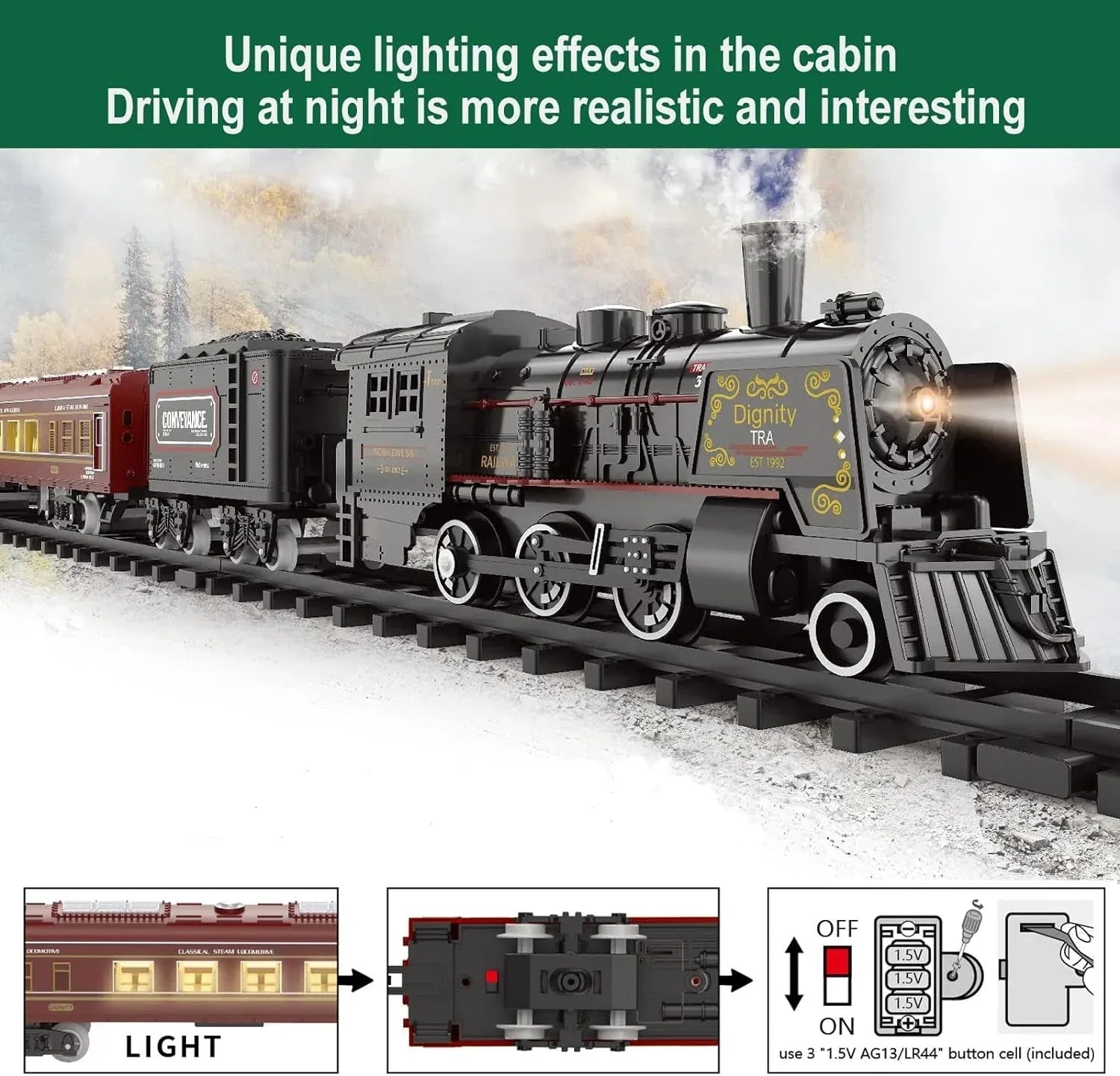 Electric train set for children featuring a metal alloy Christmas steam locomotive toy, ideal for boys and girls.
