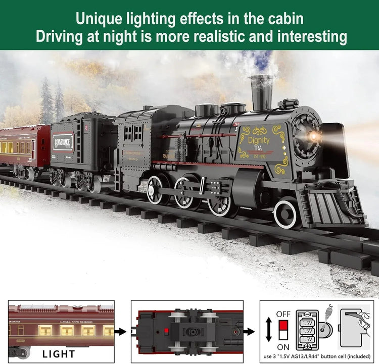 Electric train set for children featuring a metal alloy Christmas steam locomotive toy, ideal for boys and girls.