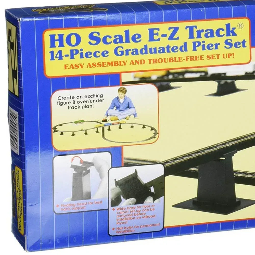 HO scale 14-piece E-Z Track graduated pier set for model railroads, featuring detailed concrete pier structures.