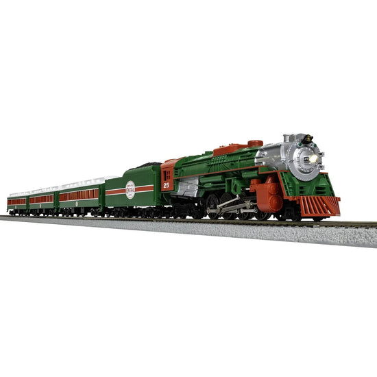 HO scale Christmas Express electric model train set from BYMRR Train Store with remote control and Bluetooth connectivity, decorated for the holidays.