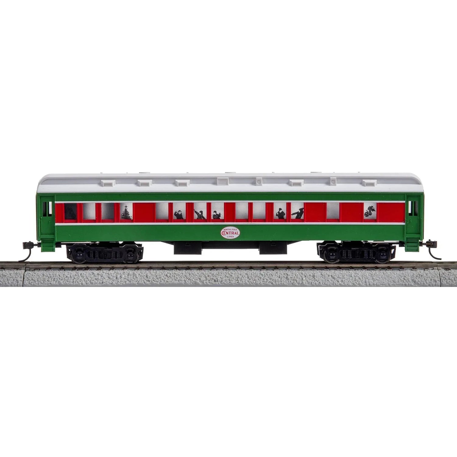 HO scale Christmas Express electric model train set by BYMRR Train Store with remote control and Bluetooth connectivity, decorated for the holidays.
