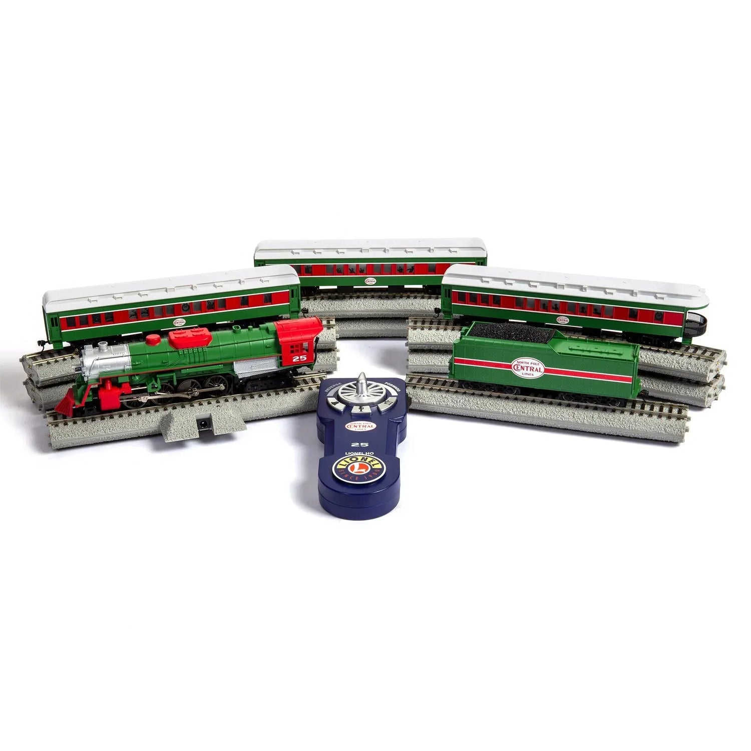 HO scale Christmas Express electric model train set by BYMRR Train Store with remote control and Bluetooth connectivity on a train track.