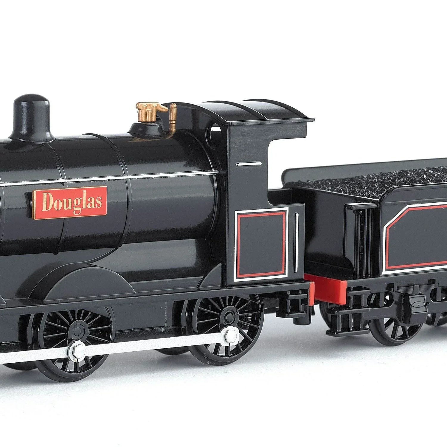 HO scale Douglas locomotive with animated eyes for model railways, detailed black and silver engine, realistic features.