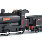 HO scale Douglas locomotive with animated eyes for model railways, detailed black and silver engine, realistic features.