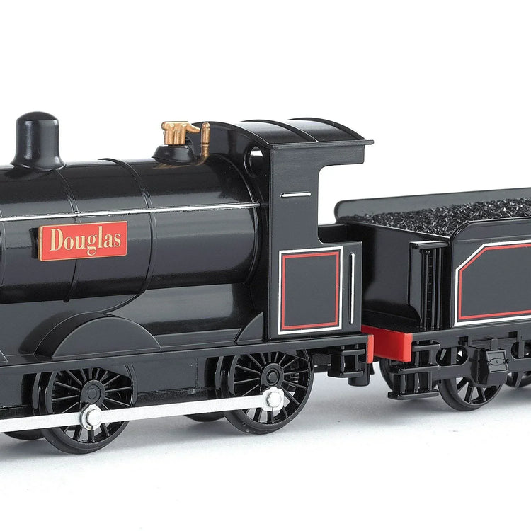 HO scale Douglas locomotive with animated eyes for model railways, detailed black and silver engine, realistic features.