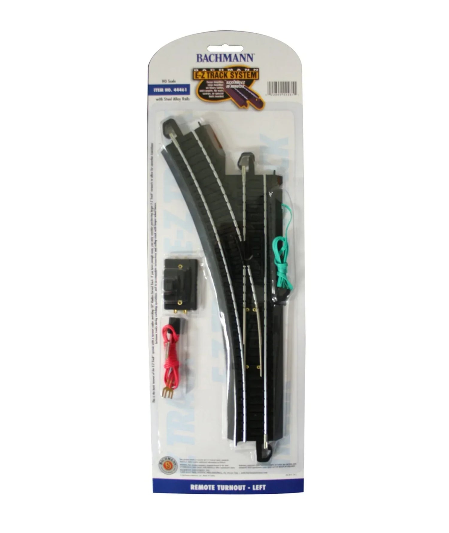 HO scale left-hand remote turnout track accessory for model train layouts by BYMRR Train Store, shown on card.