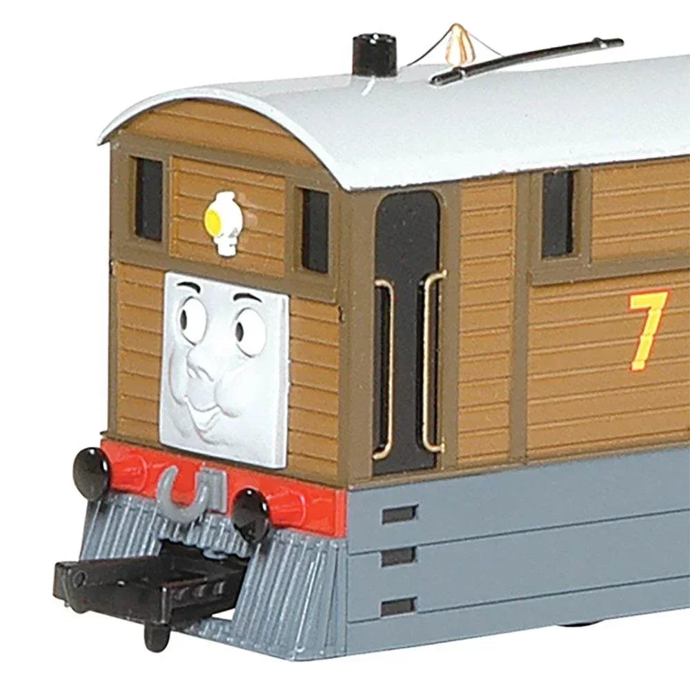 HO scale Thomas & Friends Toby the Tram Engine model with moving eyes, detailed blue train from BYMRR Train Store.