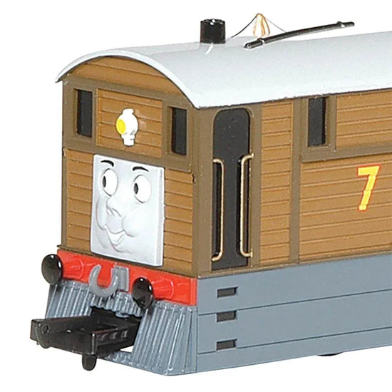 HO scale Thomas & Friends Toby the Tram Engine model with moving eyes, detailed blue train from BYMRR Train Store.
