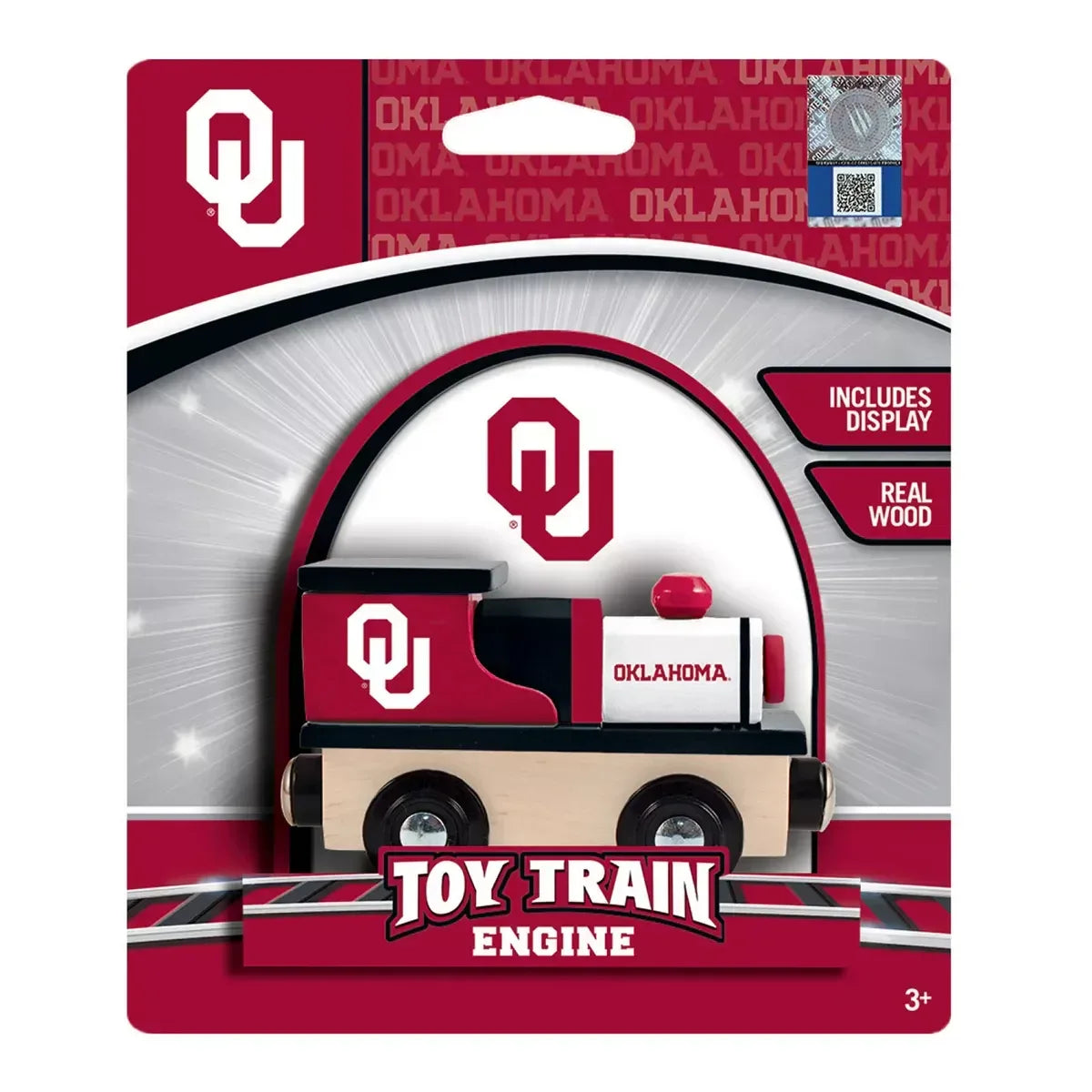 NCAA Oklahoma Sooners wooden toy train engine by Masterpieces, ideal for children, with team logo and detailed wood craftsmanship.