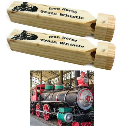 Set of 2 Wooden Train Whistles - 7" Iron Engine Sound Noisemaker for Children - BYMRR Train Store