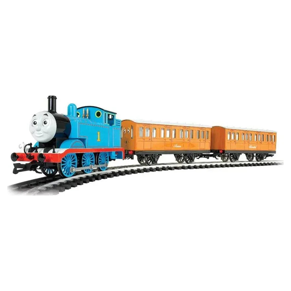 HO scale Thomas & Friends electric train set by BYMRR Train Store with Annie and Clarabel carriages on a track.