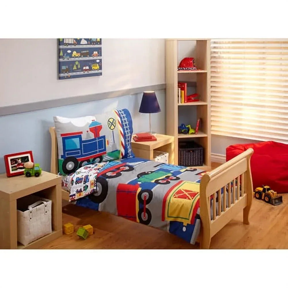 Toddler bedding set by BYMRR Train Store with train-themed comforter, pillowcase, top sheet, and fitted sheet for boys.