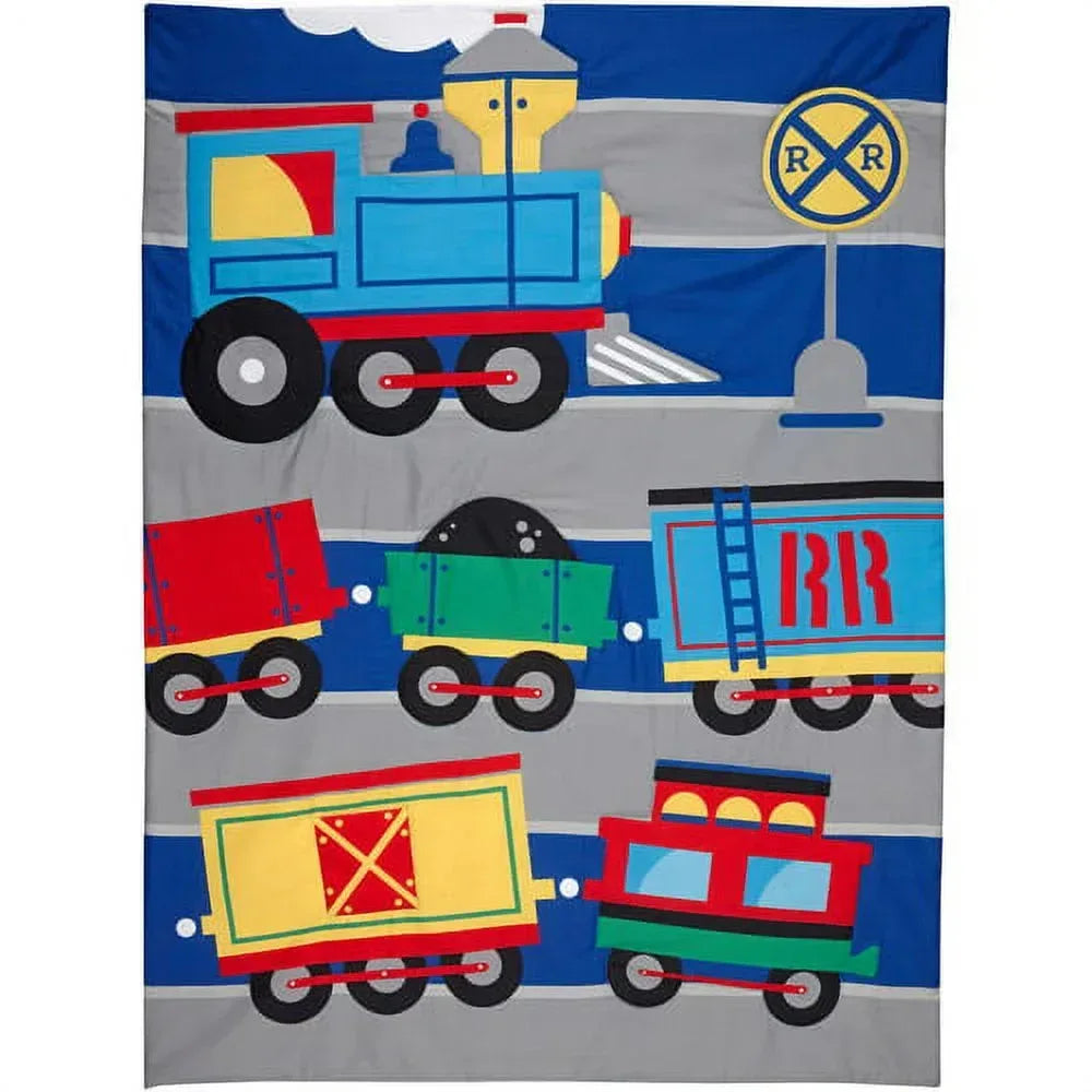 Toddler bedding set for boys featuring a train theme, includes comforter, pillowcase, top sheet, and fitted sheet from BYMRR Train Store