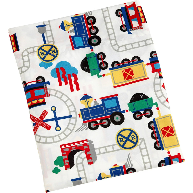Toddler bedding set for boys featuring trains, includes comforter, pillowcase, top sheet, and fitted sheet in colorful train designs.