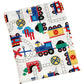 Toddler bedding set for boys featuring trains, includes comforter, pillowcase, top sheet, and fitted sheet in colorful train designs.