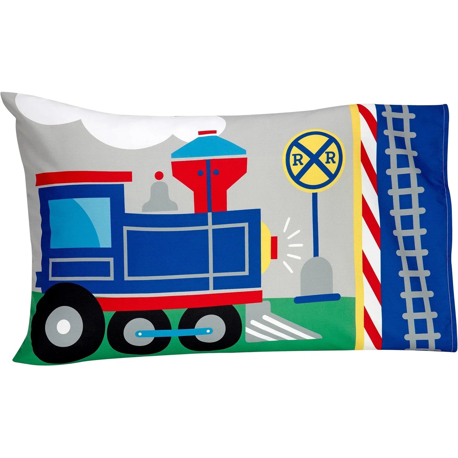 Toddler bedding set for boys with train design, includes comforter, pillowcase, top sheet, and fitted sheet from BYMRR Train Store